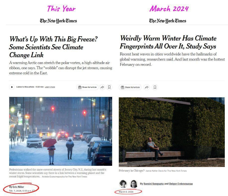 Газета The New York Times, поддерживающая экстремистскую зеленую повестку дня, убеждает своих читателей, что холодная зима связана с антропогенным изменением климата